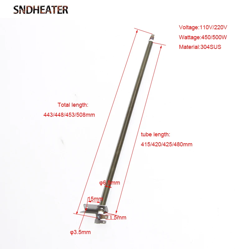 SNDHEATER Green 304SS 6.5mm*443/448/453/508mm Air Heater Dry Heating Tube for Electric Oven 110V/220V 450W/500W 2pcs/lot