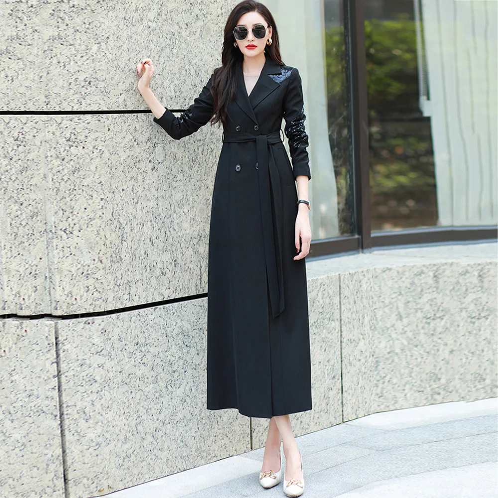 Women Classic Black Trench Coat Spring Autumn Fashion England Style Suit Collar Belt Long Coat Elegant Patchwork Slim Overcoat