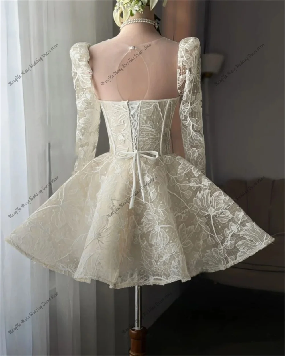Elegant Princess Mini Wedding Dress Long Sleeve Lace Flower Bridal Gowns Ball A Line Lace Up Short Bride Dresses Customized