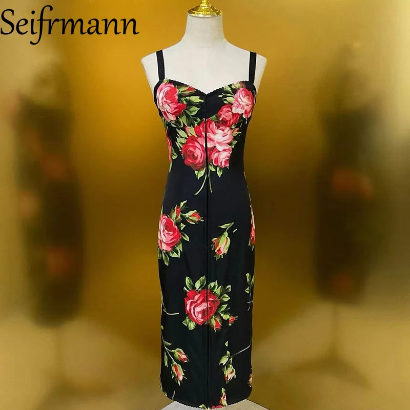 Seifrmann Sommer Neues Damenkleid Sexy Spaghetti-Träger Rückenfreies Hochgeschnittenes Bedrucktes Seidenkleid