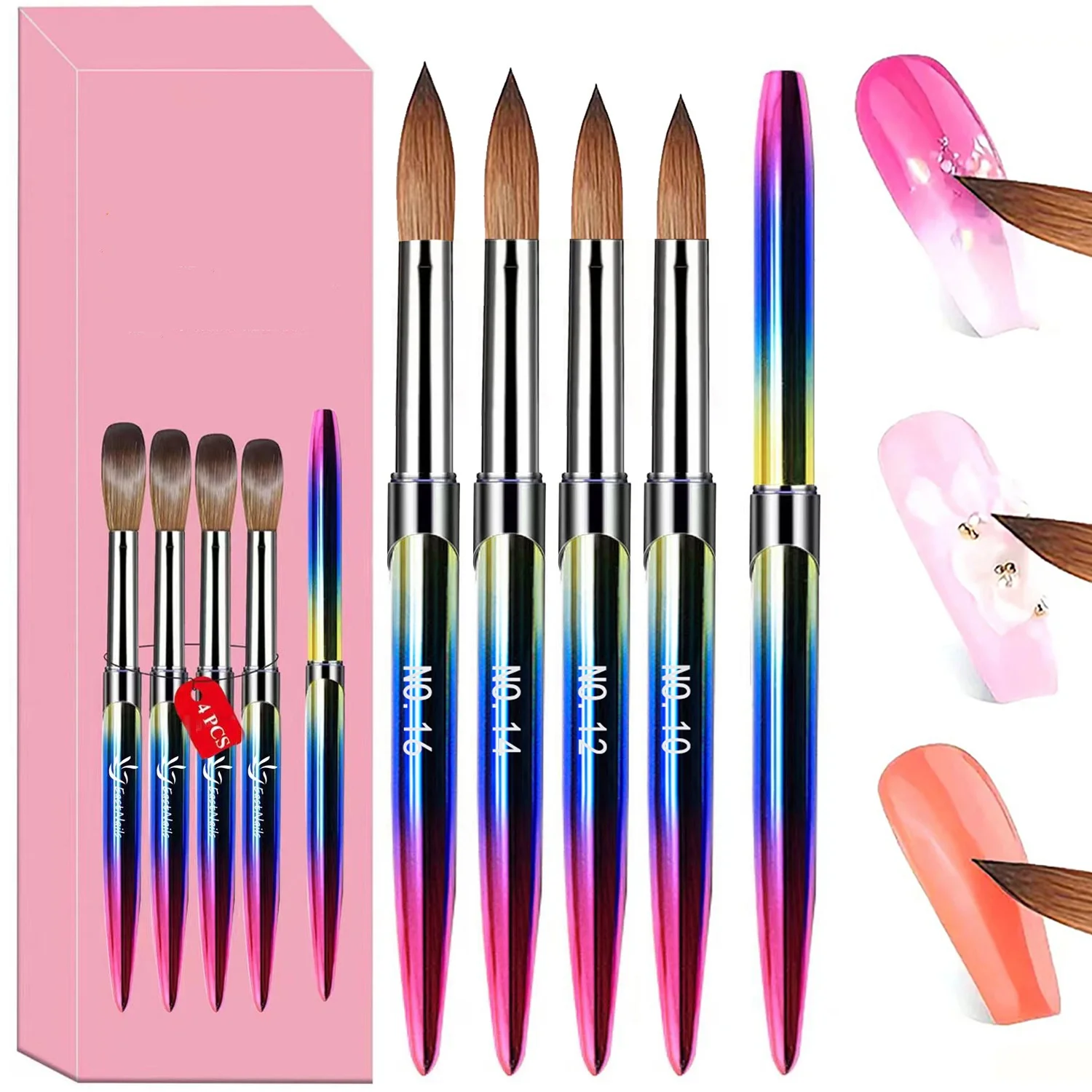 

Набор акриловых кистей для дизайна ногтей, 4 шт., набор акриловых кистей для ногтей, размер 10/12/14/16 для нанесения акриловой пудры, кисть для дизайна ногтей