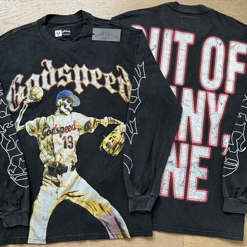 

New 2025 Godspeed Long-sleeved T-shirt High Street HipHop Trendy Brand Washed Distressed Summer Casual Loose Skull Print Cotton