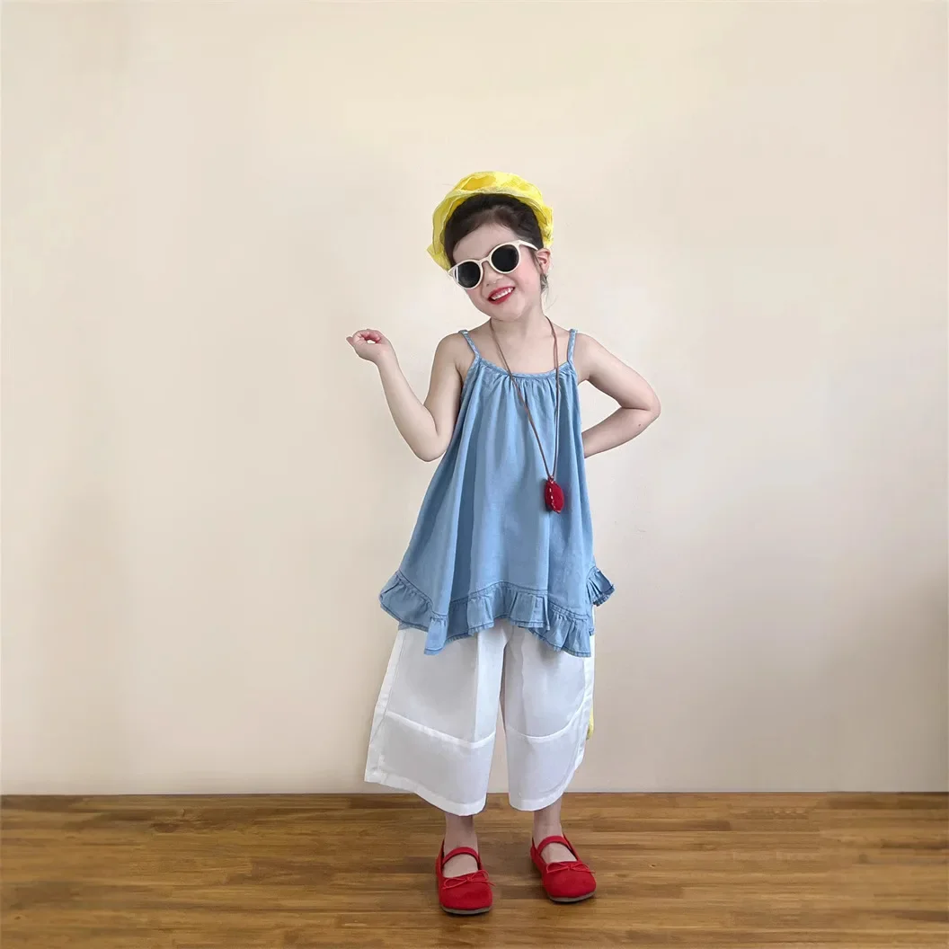 Girls Set 2026 Summer New Childrens Clothing Girl Baby Cowboy Lotus Leaf Halter Upper Garment Loose Broadleg Pants Two Sets
