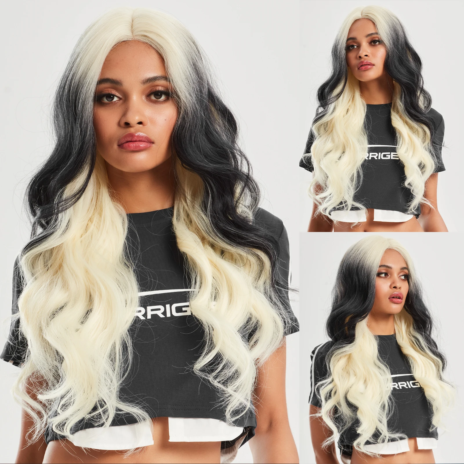 

Lace Front Synthetic Wigs Platinum White Highlight Black Bady Wavy Long Wigs Fluffy Hair for White Women Halloween Cosplay Party