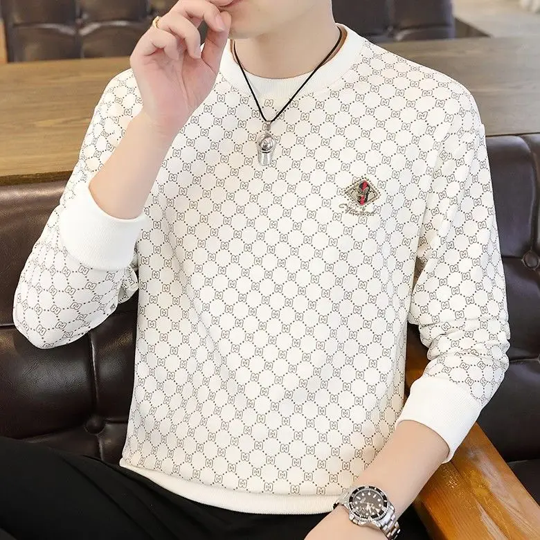 Autumn Business Men's New Hoodie with Checkered Print Round Neck Long Sleeved Handsome and Versatile Slim Fit Top