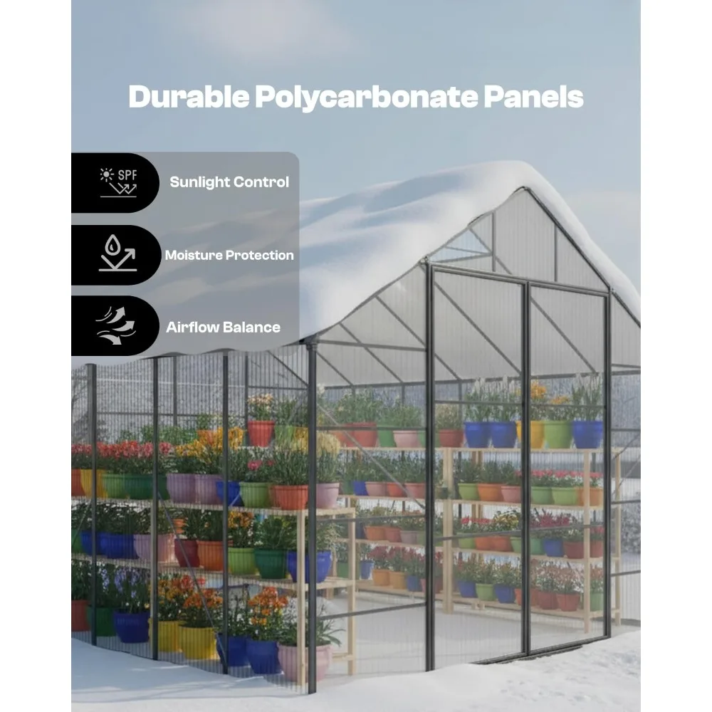 8×8 FT Outdoor Walk-in Polycarbonate Greenhouse, Heavy Duty Backyard Garden Greenhouse, Customizable Discuss