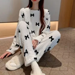 New Women Pajama Pants Sets Loose O-Neck Top And Elastic Waist Wide Leg Pants Winter Fleece Homewear Sweet Bow Outfit Sleepwear