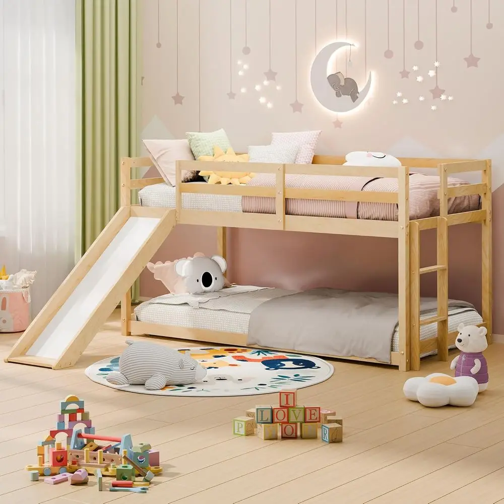 MU Low Bunk Bed with Slide, Twin Over Twin Bunk Bed, Solid Wood Bed e with ClimLadder & Saety Guard Rail, loor Lot Bed with Stor