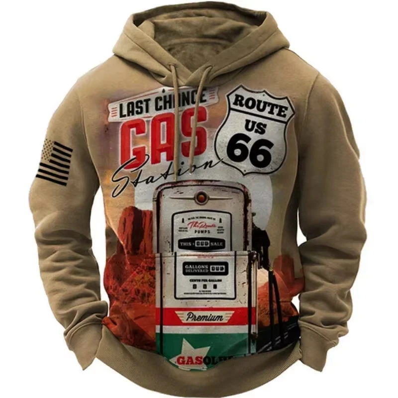 Hot Sale Autumn And Winter Man Clothes 3d Printed Men's Route 66 Printed Hoodie Men Loose Casual Fashion Retro Oversized Hoodie