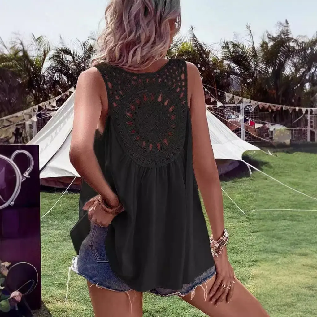 

Summer New Women's Sleeveless Top European And American Style Simple Back Lace Hollow Vest for Fashionable Women