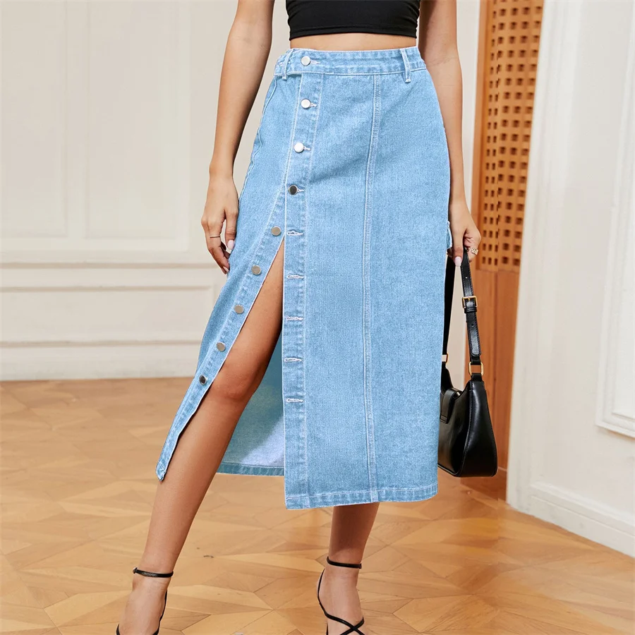 

Benuynffy Vintage Single Breasted Cargo Denim Skirt Women's American Casual Streetwear High Waisted Straight Jean Long Skirts