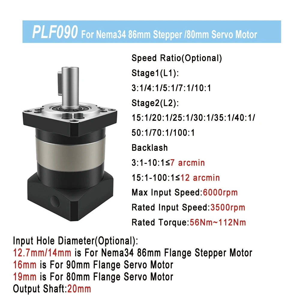 7arcmin Planetary Reducer 90mm Gearbox Reduction 12.7mm/14mm For Nema34 86mm Stepper Motor 16mm/19mm For 80mm/90mm Servo Motor