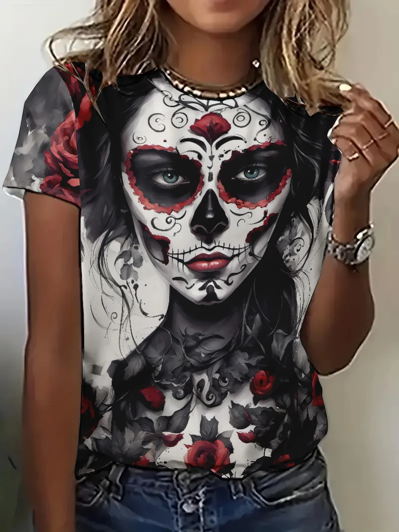 Summer 3d Gothic Angel Print T-shirt Fashion Round Collar Black Short Sleeve Angel Skull Print Funny Women Hip Hop Tops T shirts