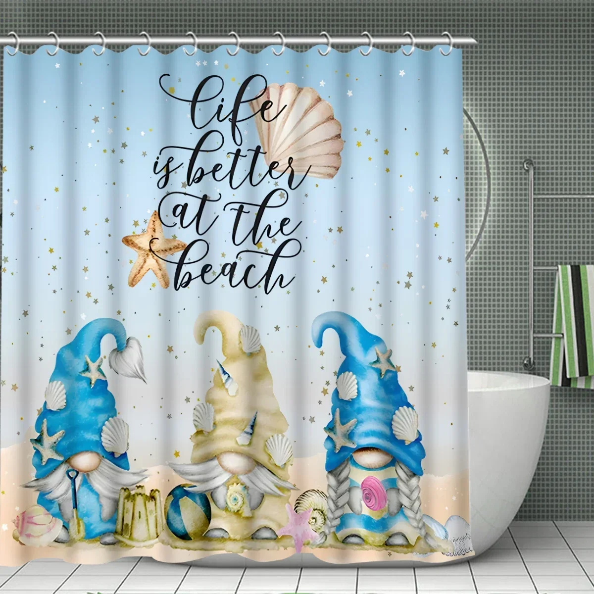 Beach Theme Bathroom 4-piece Set Shower Curtain Non-slip Mat Toilet Cover Shell Decoration, Beach Life Is Better