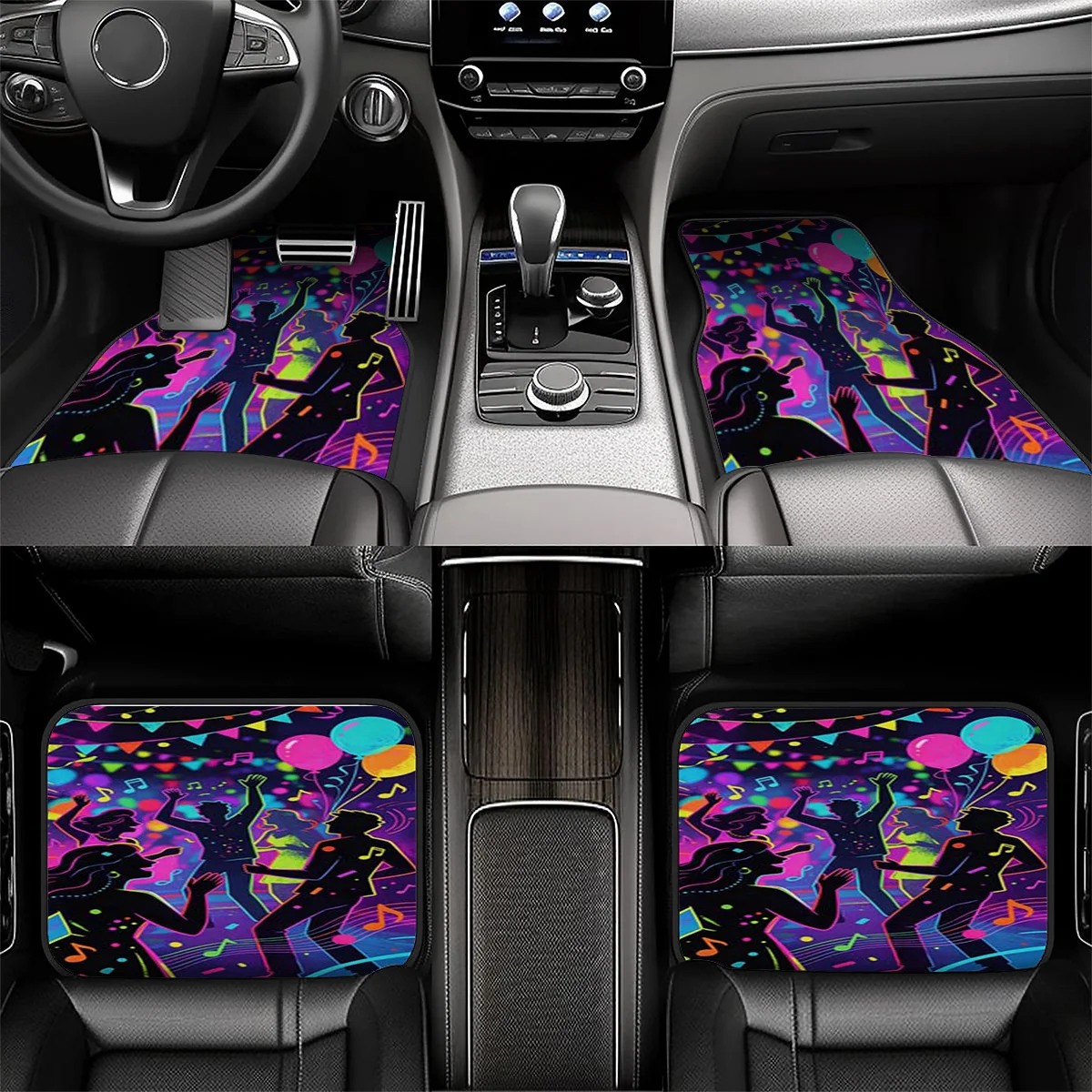 5pcs Car Floor Mats, Neon Party Scene Trunk Mat, Silhouette Dancers, Banners, Balloons And Notes Decorate Car Mats, Polyester Fi