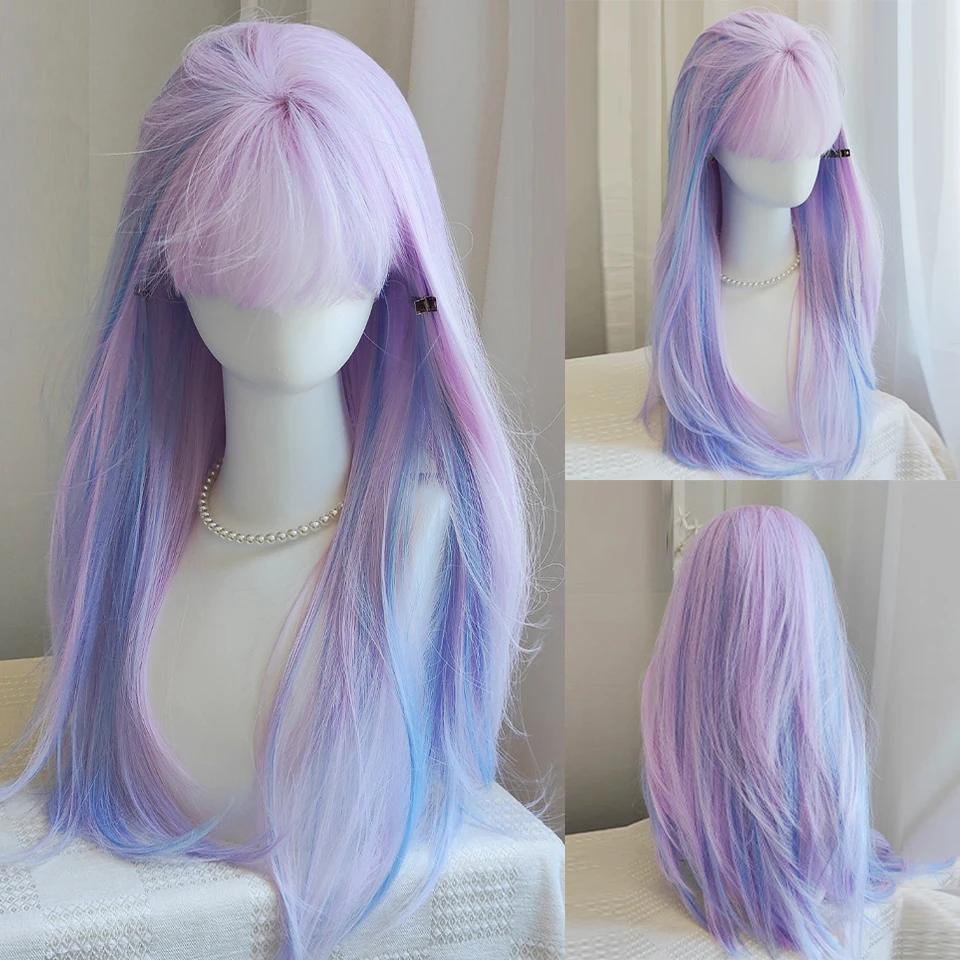 

24Inch Purple Blue Highlights Synthetic Wigs With Bangs Long Straight Hair Wig For Women Daily Lolita Cosplay Wig Heat Resistant