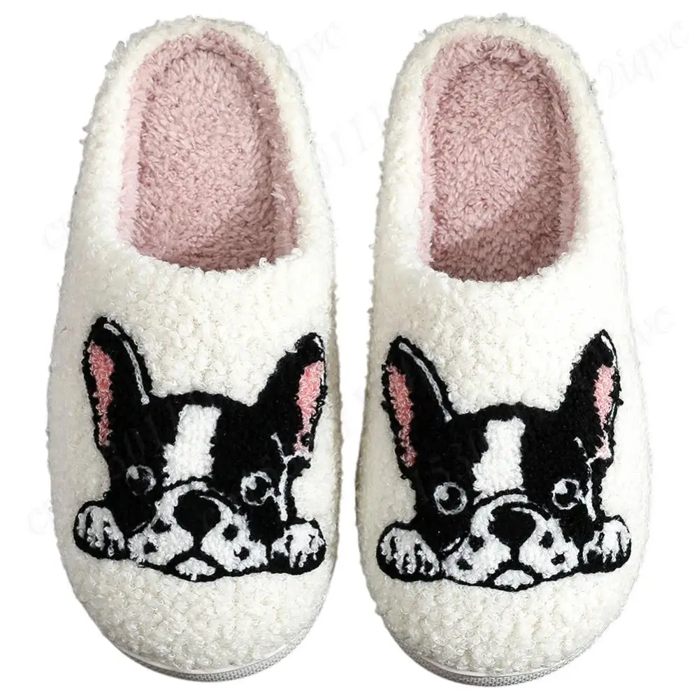 Plush Bulldog Slippers Kawaii Furry Slippers Non-Slip Soft Cloud Slippers Comfortable Fluffy Dog Slippers for Bedroom Indoor