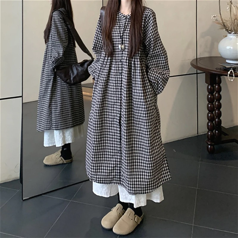 

Two Pieces Women Dress Set Plaid Matching Set Round Neck Long Sleeve Single Breasted Shirt Ankle Length Skirt Casual 2026 Summer