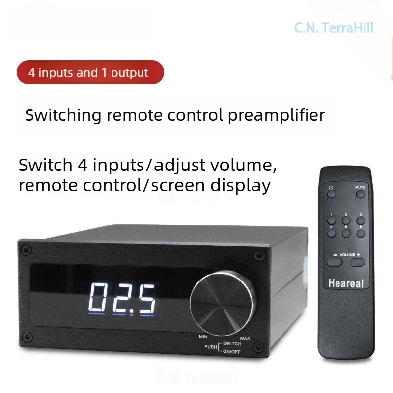 4-in-1 Out Stereo Preamplifier with Remote Volume Control Multi-Input Audio Switcher Converter