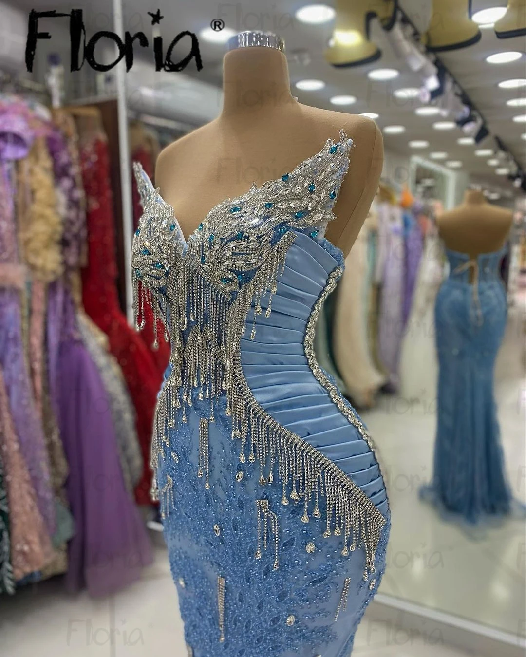 Vestido de cóctel azul con cristales brillantes para mujer, vestidos de graduación de sirena largos por debajo de la rodilla, Duabi, vestidos de noche formales para celebración de cumpleaños