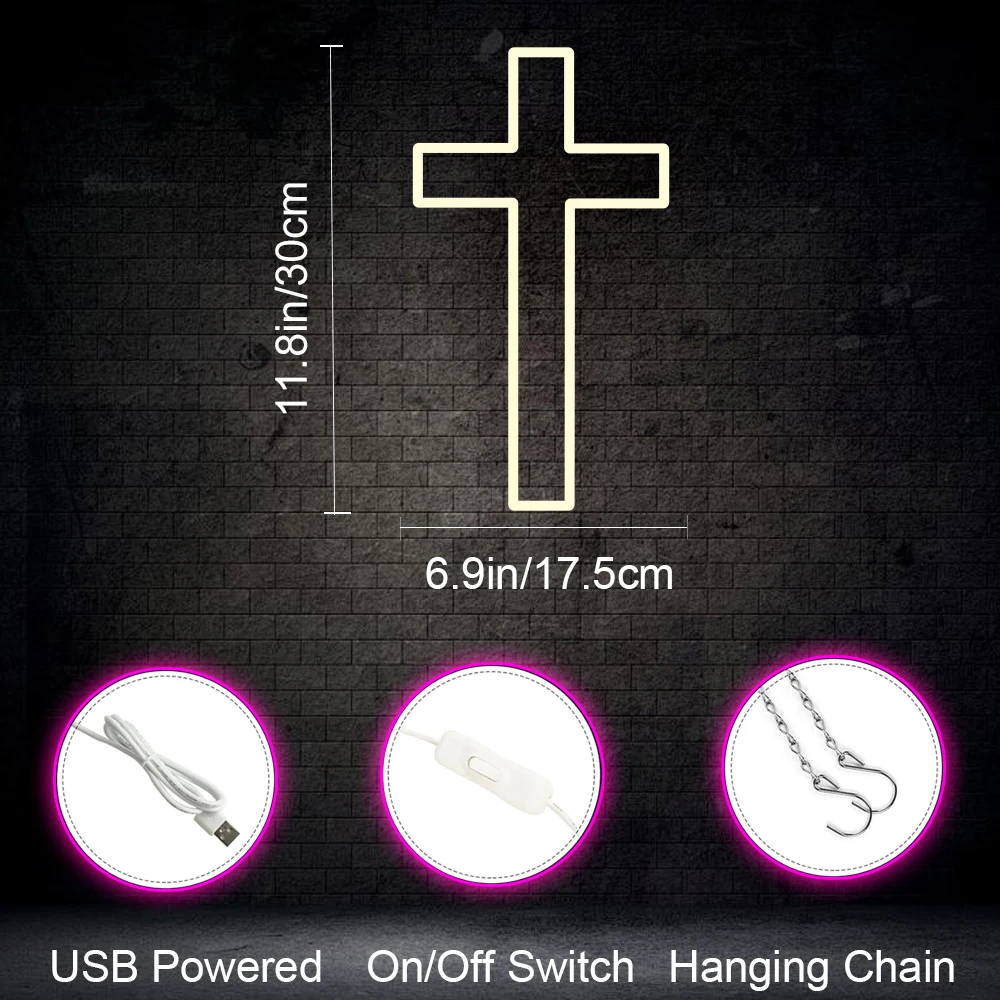 Jesus Cross Neon Signs,Cross Neon Sign Wall Lights Art Lamp Hanging for Home Room Bedroom Christian Wedding Party Wall Decor view 6