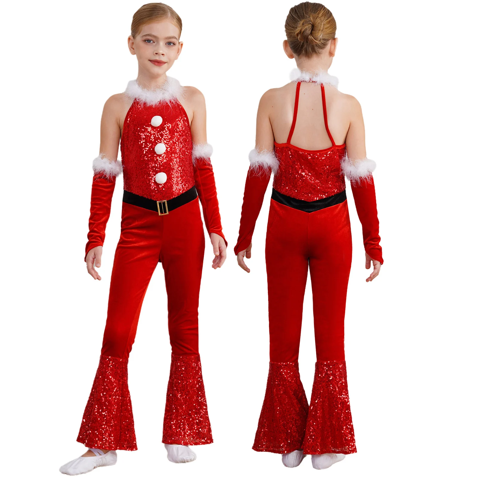 

Girls Christmas Party Costumes Jumpsuit Shiny Sequins Halter Flared Pants Full Bodysuit+Arm Sleeve Set Hip Hop Jazz Dance Set