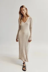 Elegant Solid Ribbed Knitted Maxi Dress Women Slim O-neck Long Sleeve Lace Up A-line Dresses 2023 Autumn Lady Streetwear Robe