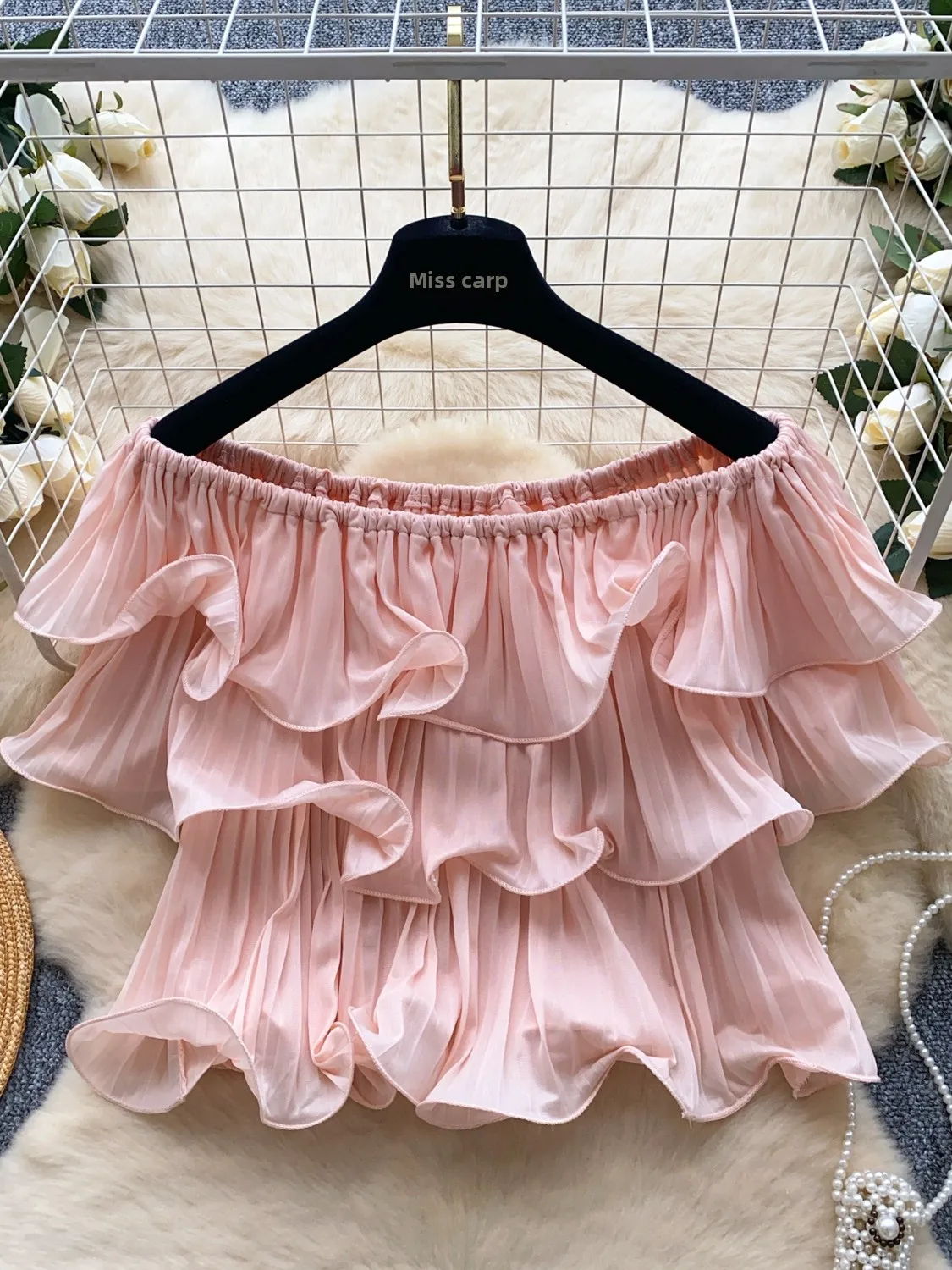 

Chic ort Sve One oulder irt Pleated Ruffle Hem Sweet Fairy Sle Summer Faionable Versatile Women's Polyester Fiber