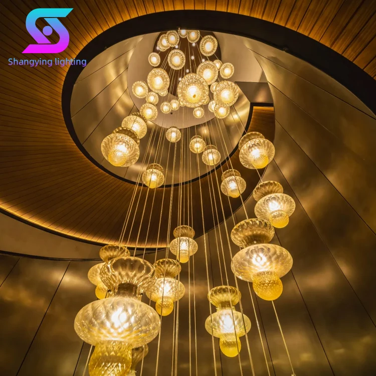 Modern White Transparent Glass Pendant Light AC Power Iron Home Hotel Staircase OEM ODM Project Blown Glass Chandelier Lamp