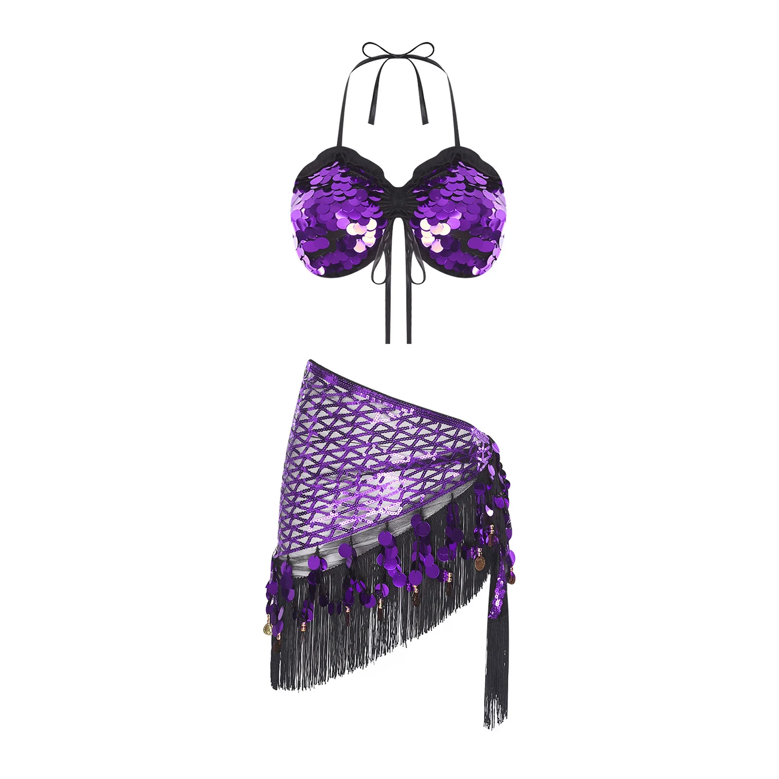 ชุดเต้นระบำหน้าท้องผู้หญิงประดับเลื่อมวิบวับ พร้อมเสื้อครอปผูกเชือกแบบผูกคอ + ผ้าคลุมสะโพกทรงสามเหลี่ยมประดับเลื่อมและพู่ห้อย พร้อมสายคาดเอว