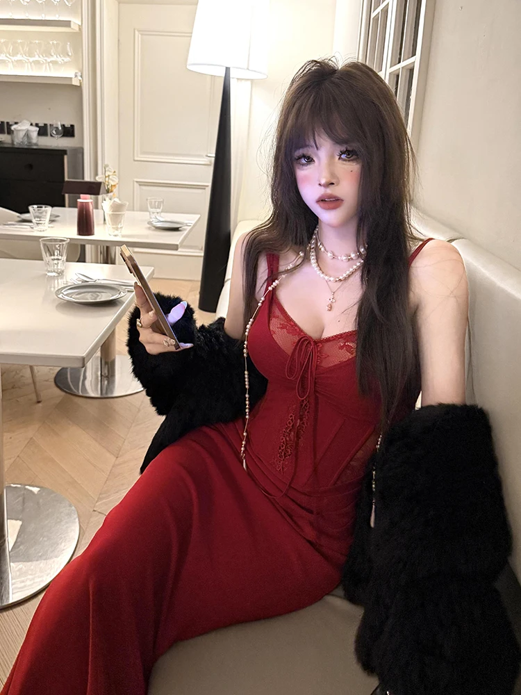 REDDACHiC vrouwen Uitgebeend Cinched Jurk Rode Stitch Kant Corset Spaghetti Band Bodycon Maxi Lange Jurk Party Sexy Zomer kleding