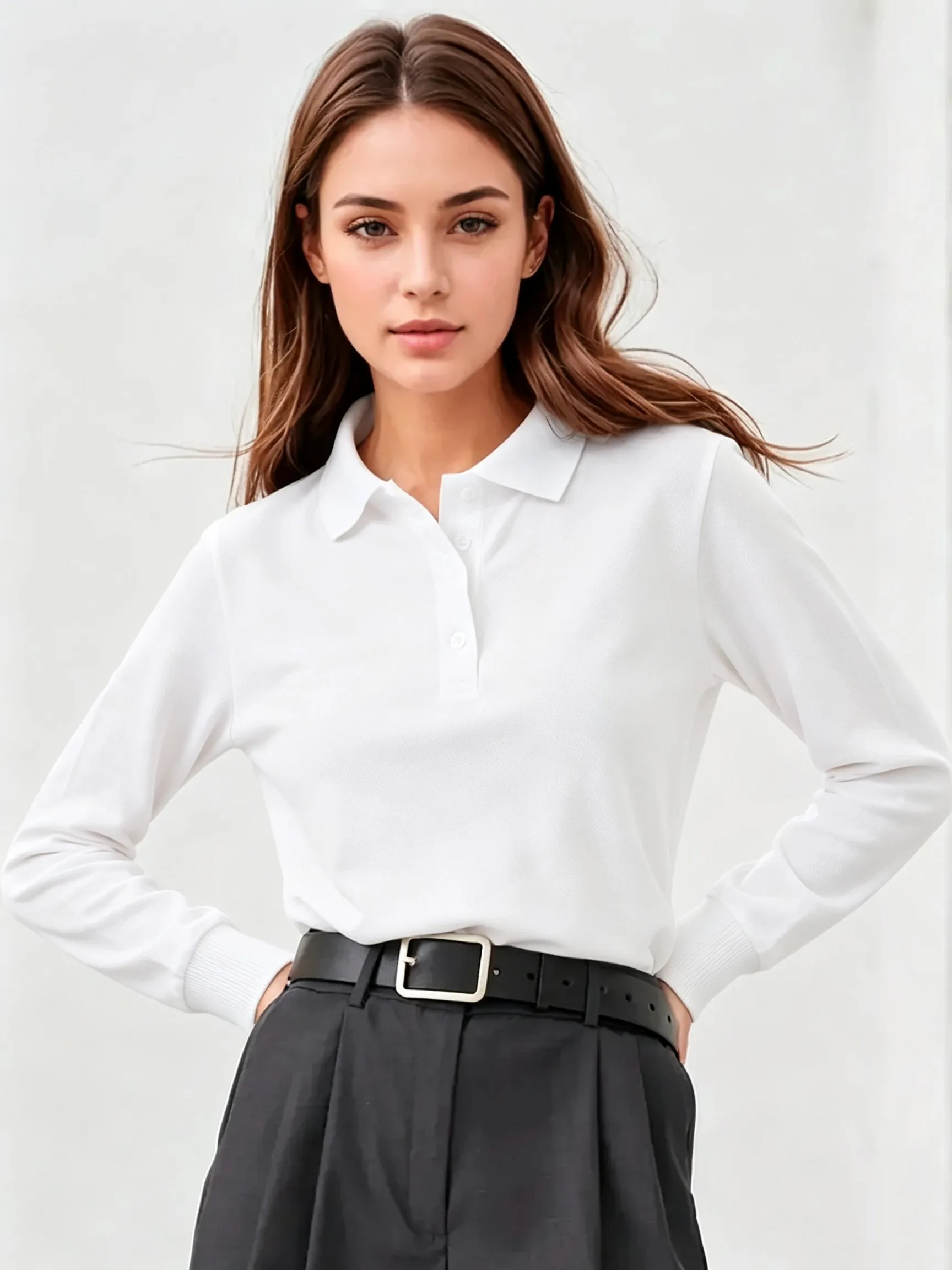 Womens Autumn Solid T-Shirt Work Fashion Polo Shirts All-Match Turn-down Collar Clothing Casual Golf Workwear Group Button Tee