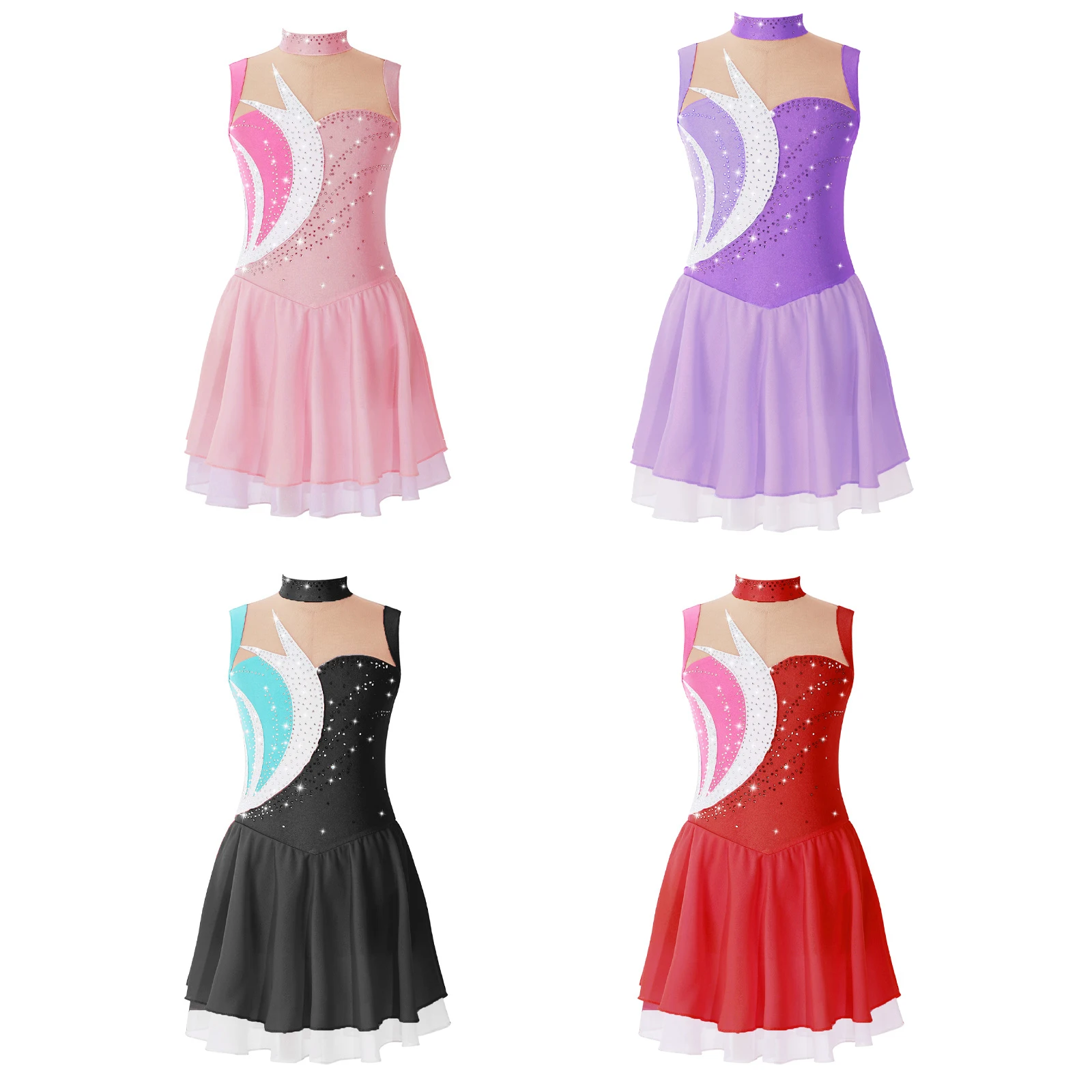 Kids Girls Sleeveless Shiny Rhinestone Figure Skating Dress Gymnastics Leotard Ballet Tutu Dress Ballroom Performance Costume