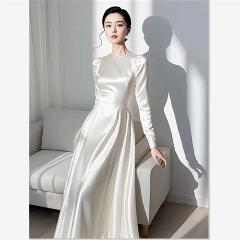 Autumn New French Elegant White Satin Evening Party Dress Women's Formal Dress High Waist A-Line Midi Wedding Prom Vestidos 590P