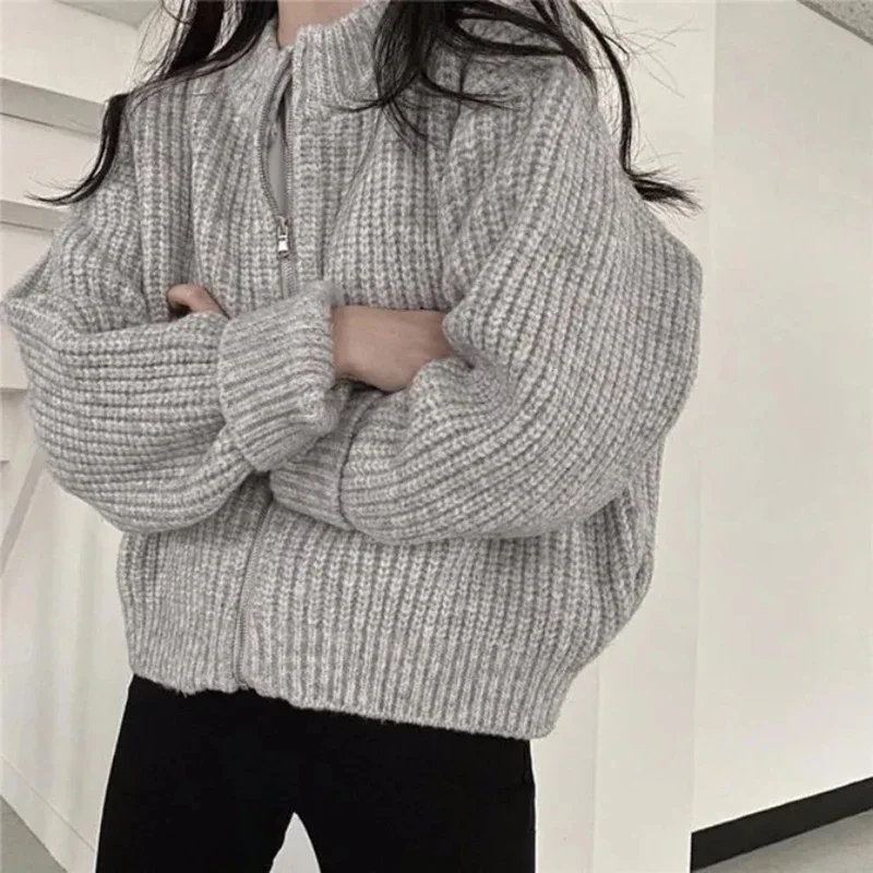 

Autumn Winter Women Sweater Coat Harajuku Loose Long Sleeve Zipper Knitted Cardigan Woman Solid Casual Cropped Knitwear N550