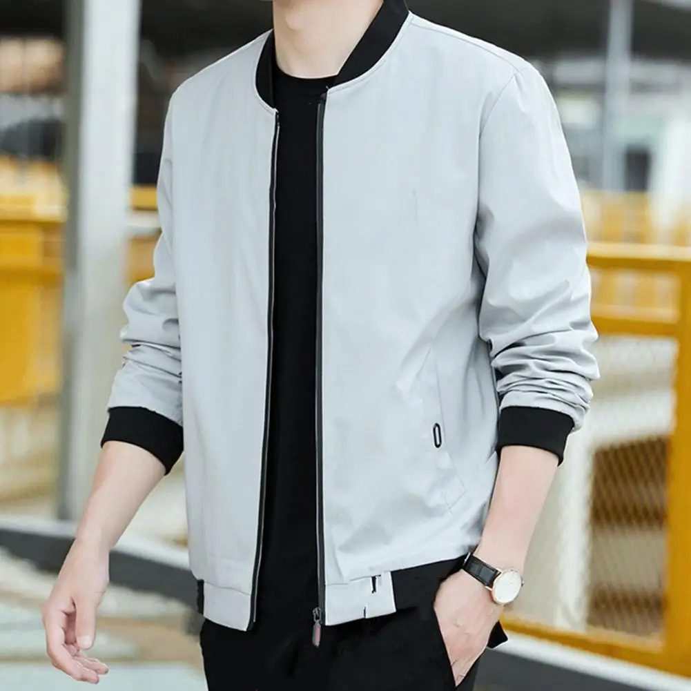 Men Outerwear Men's Casual Baseball Coat with Stand Collar Zipper Placket Pockets Long Sleeve Outwear for Work Gym or Everyday