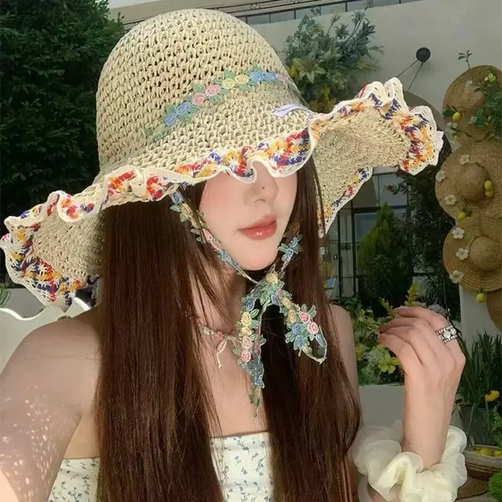 

Simple Elegant Woman's Straw Hat Breathable INS Lace Brim Sunshade Cap UV Protection Colorful Sun Protection Cap Summer Season