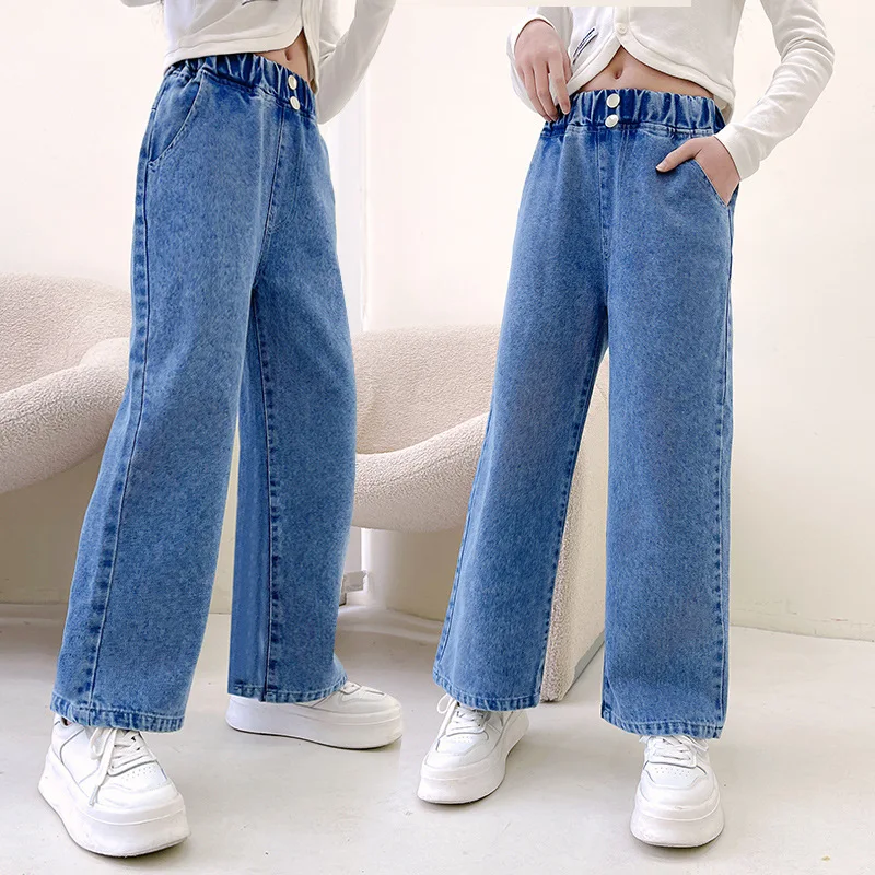 New Girls Jeans Spring Autumn Teenage Fashion Loose Two Button Kids Straight Pants School Children Trousers 6 8 10 12 13 Years