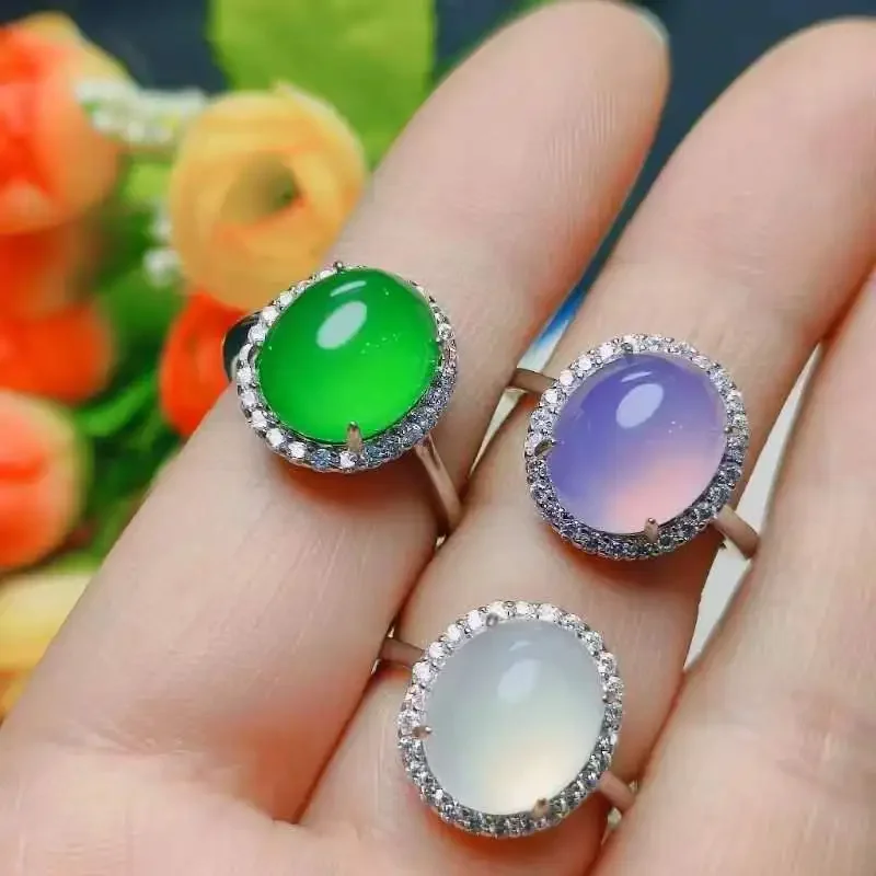 Silver-plated inlaid high-ice fluorescent chalcedony full diamond women's ring white agate women's jade ring