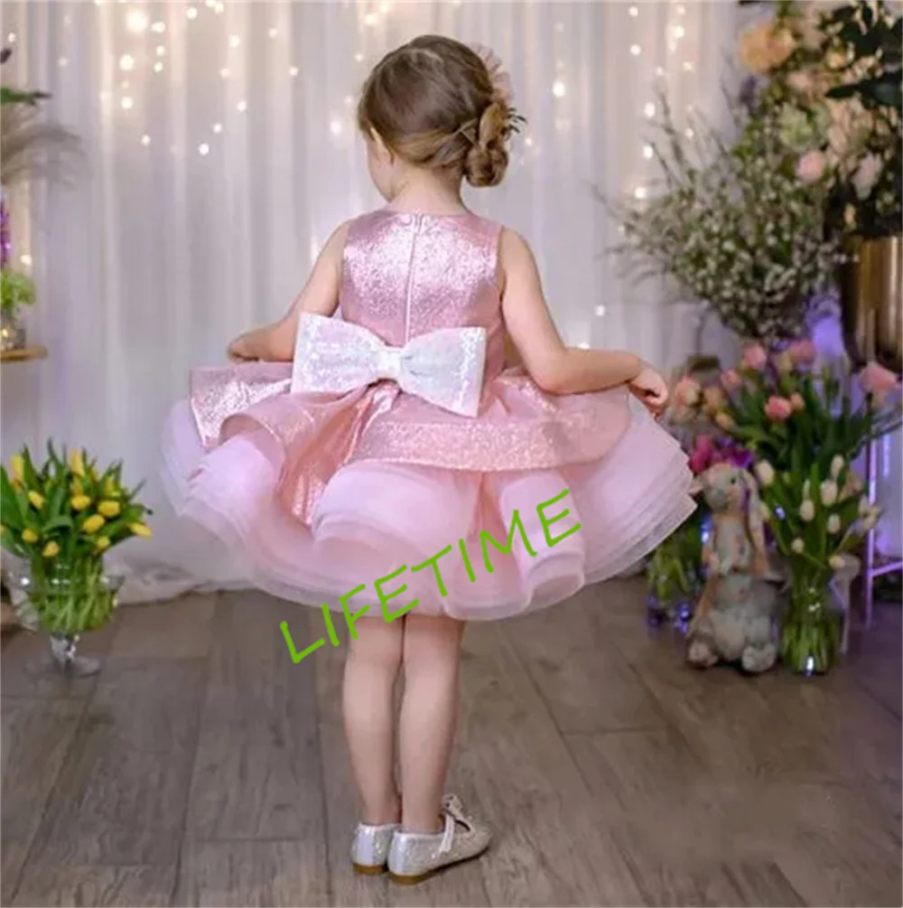 Pink Satin Baby Girl Dress Sequin Bow Cotton Lining Full Fluffy Skirt Flower Girl Dress Infant Toddler Tutu Birthday Gown