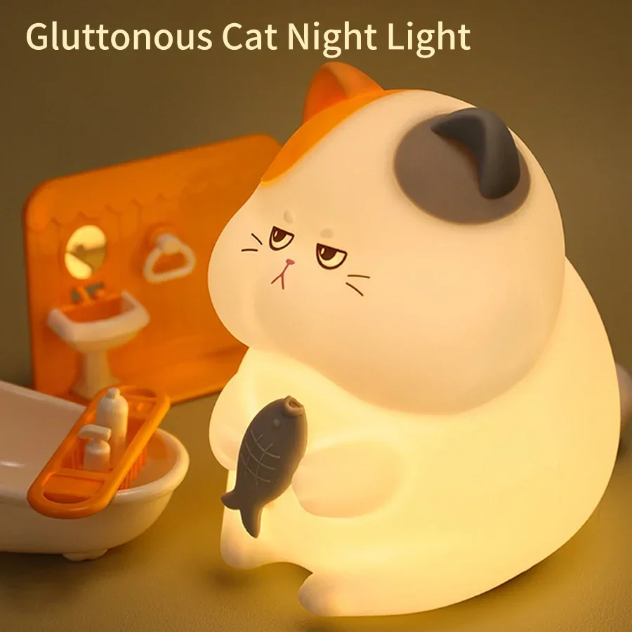 

Gluttonous Cat Night Light Rechargeable Silicone Touch Patting Lamp Fun Cat and Fish Lamp Animal Light Bedside Desktop Decor
