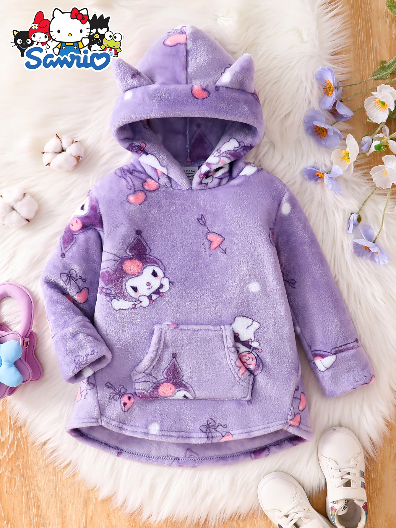 

【Officially Licensed】Sanrio Custom-Designed Autumn/Winter Kuromi Cute Ear Hooded Long-Sleeve Thickened Dress with Pockets for Baby Girls and Newborns, Featuring Kuromi Cartoon Patterns, Slightly Stretchy, Suitable for Daily Wear by Infants and Newborns, a