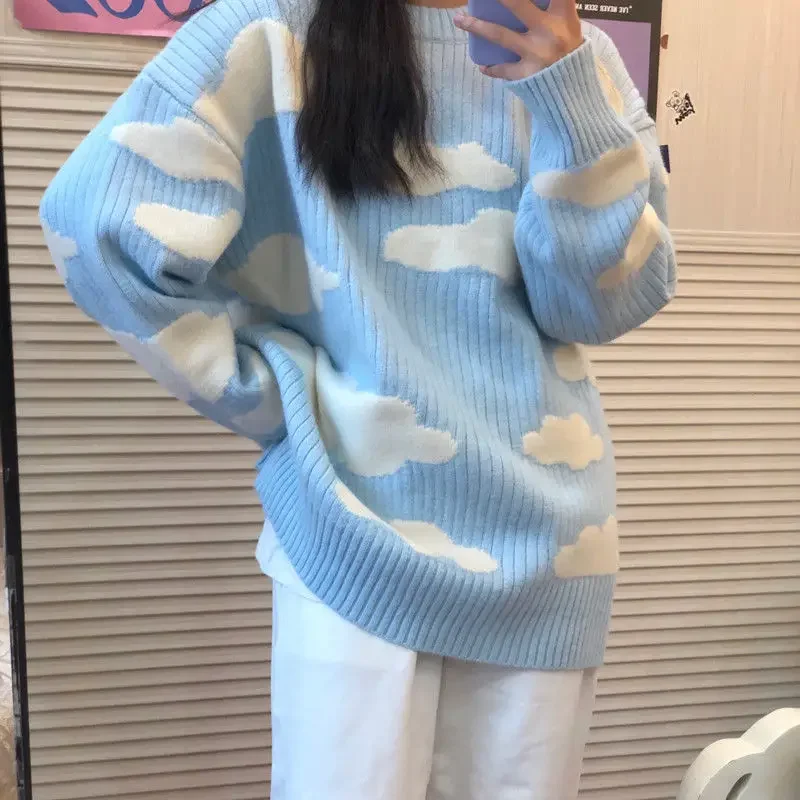 Could Sweater Blue Sweet Pullovers Autumn Winter New Gentle Long Sleeve Tops Female Student Korean Fashion Knit Jersey Coat 2021