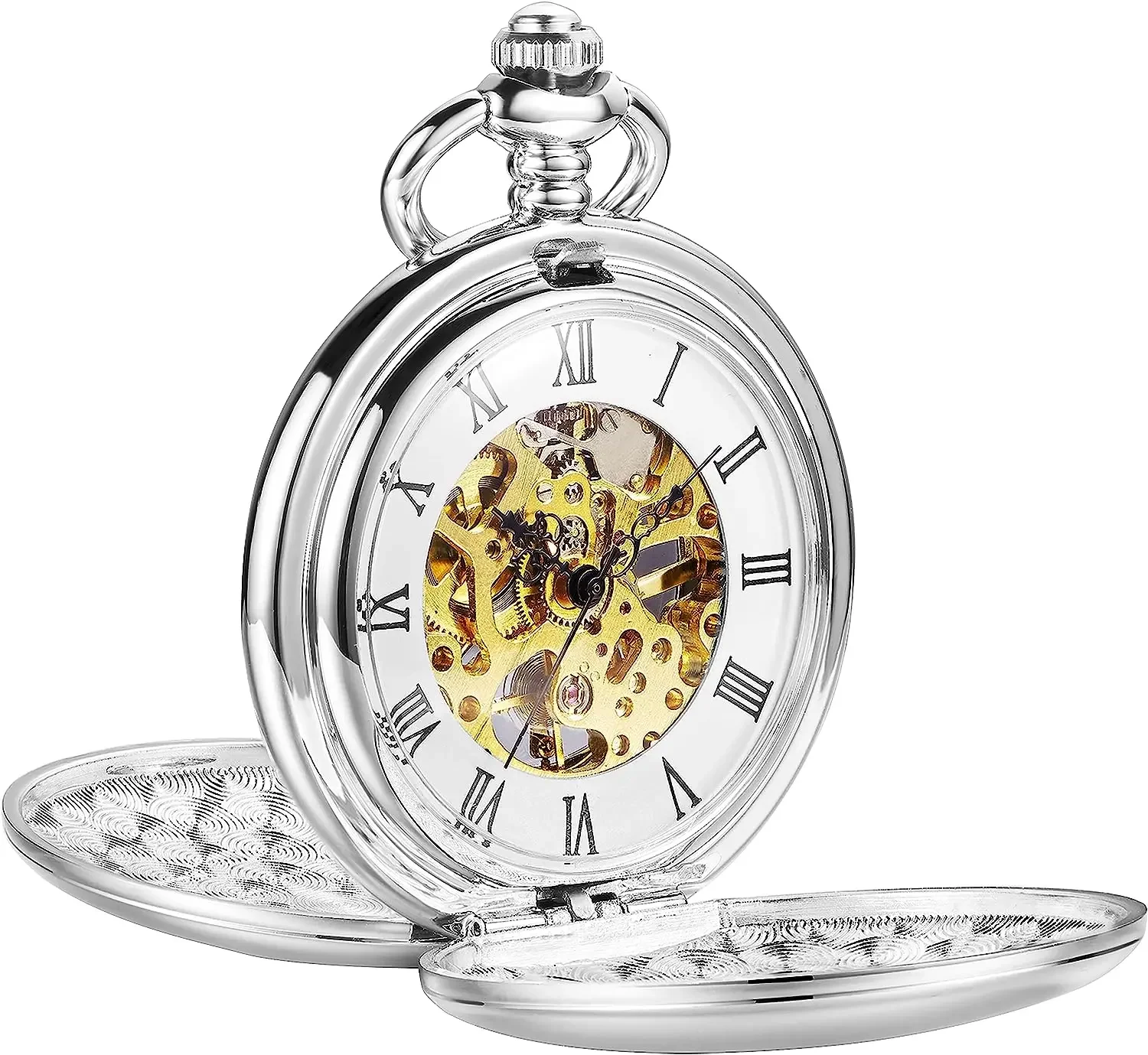 Double Open Silver Case Men’s Pocket Watch with Chain Hand Winding Vintage Pocket Watch Classic Mechanical Movement Pocketwatch