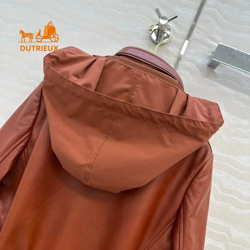 Winter Women's Adjustable Waist Traveler Stand Collar Hooded Leather Jacket, 100% Genuine Sheepskin Versatile and Gorgeous Coat
