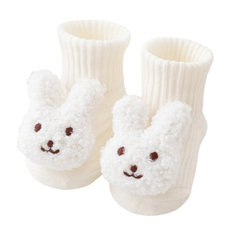 Antislip Cartoon Bear/Rabbit Floor Socks for Baby Girls Boys Winter Prewalker Socks Rubber Soles Warm Socks for Indoor