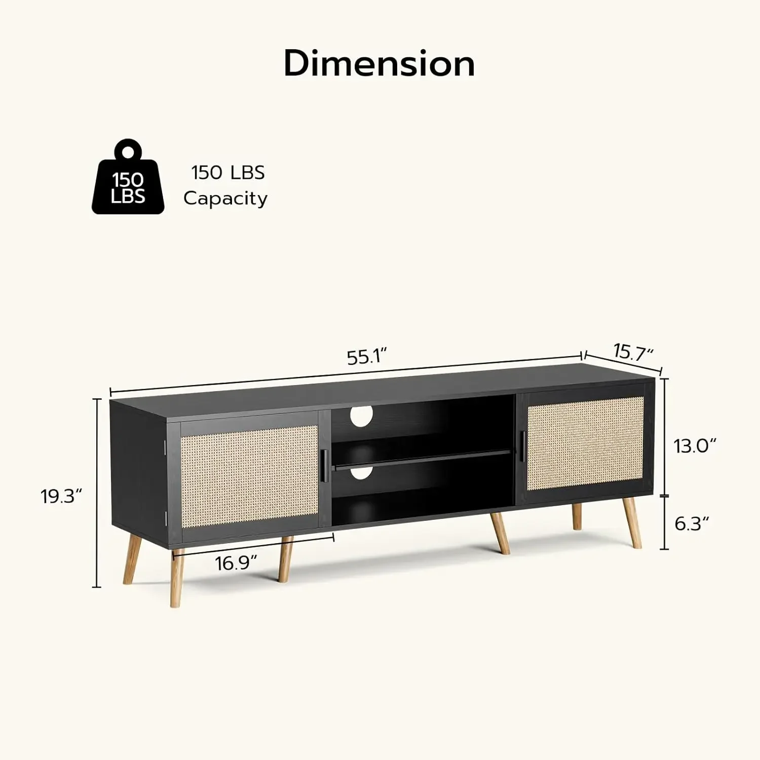 TV Stand for TVs up to 65'', Shelves & 2 Cabinets, Boho Media TV Console for Living Room, Bedroom, Black