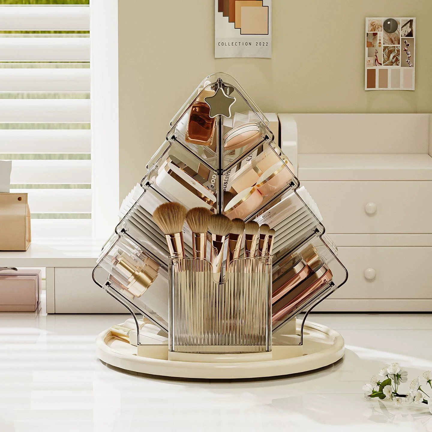1PC 360° Rotating Clear Makeup Organizer Multi-Tier Cosmetic Storage Box Acrylic Transparent Beauty Organizer with Brush Holder