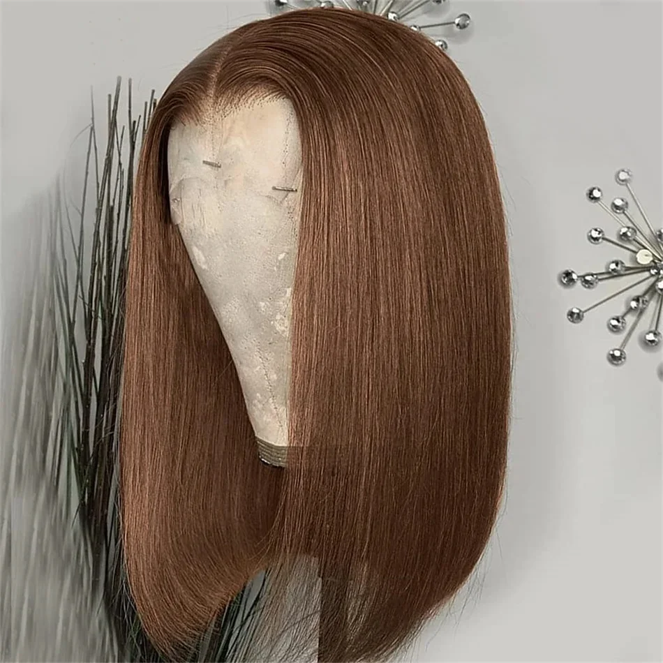 Peluca de cabello humano Remy para mujer, postizo de encaje Frontal transparente, corte Bob corto, 13x4, color marrón Chocolate