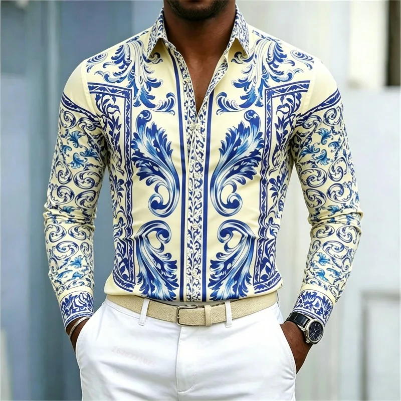 Men's Shirt Long Sleeve Spring Autumn Blue White Baroque Scroll Frame Print Lapel Button‑Up Street Business Top Mens Clothing